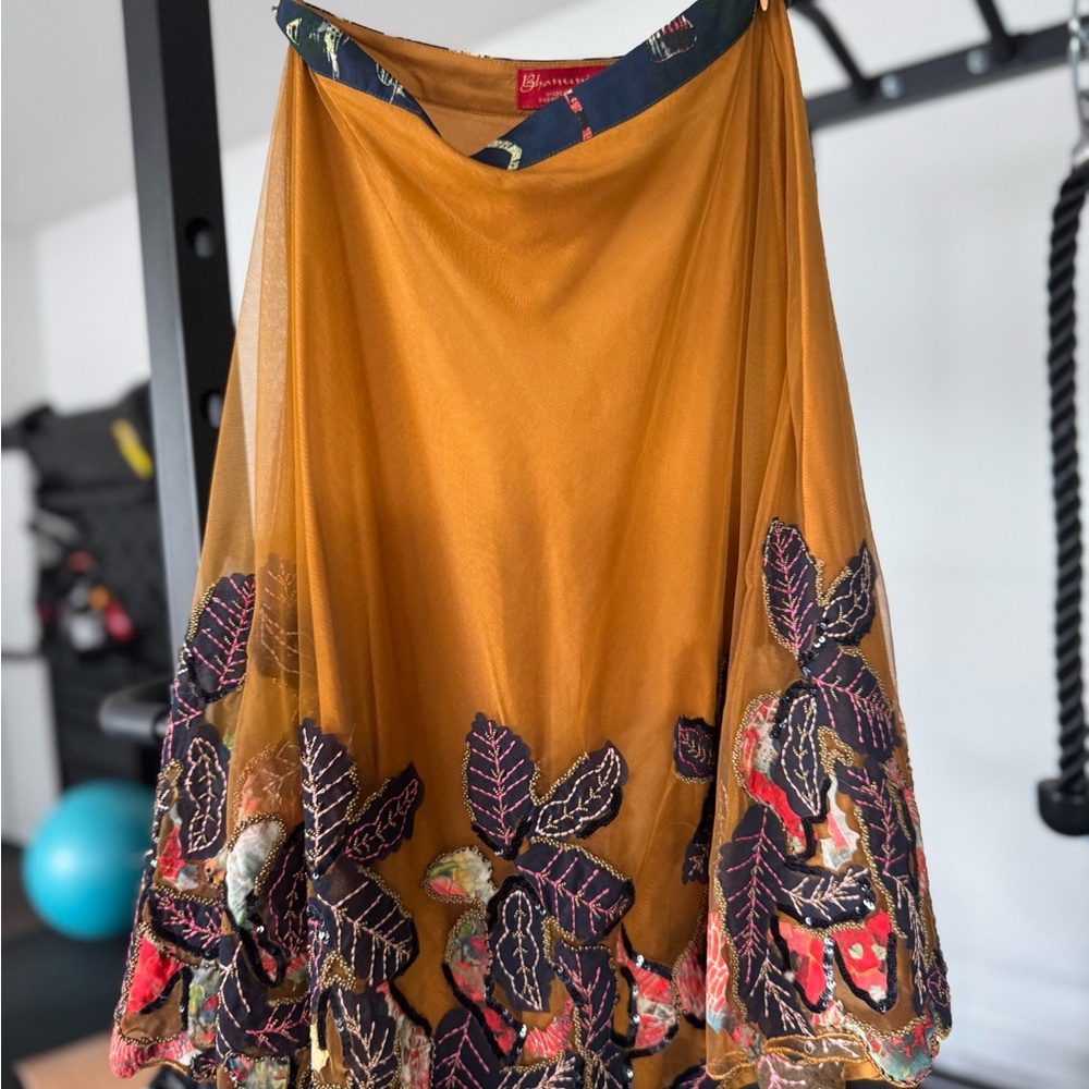 Anthropologie Gold Maxi Skirt with Leaf Embroidery